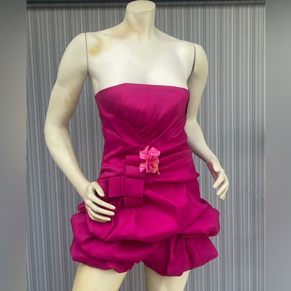 HOT PINK Romeo and Juliette Prom Strapless BUBBLE Dress w Bow and Flower size S